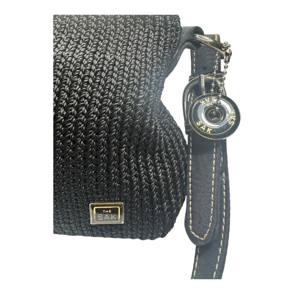 THE SAK Vintage Black Crochet Knit Small Shoulder Bag- Brown Trim 13”x6” - Picture 3 of 16